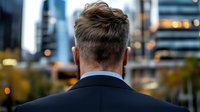 Professional businessman with stylish haircut viewed from behind against blurred urban cityscape with modern skyscrapers and warm evening lights.