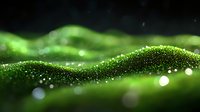 Glowing green particles flow in waves creating abstract luminous landscape with bokeh light effects and sparkles against dark background.