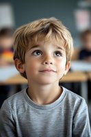 Young boy with blonde hair and bright eyes looking up with wonder and curiosity in classroom setting, wearing casual grey t-shirt. Natural lighting creates soft portrait.