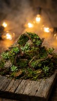Rustic moss and succulent arrangement in wicker basket on weathered wood with warm bokeh lights creating cozy atmospheric home decor styling.