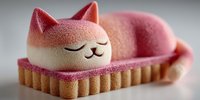 Adorable pink cat-shaped mousse dessert with peaceful sleeping expression on golden biscuit base, perfect for bakery menus and confectionery marketing.