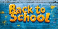 Yellow back to school text on blue brick wall background with flying paper planes and math formulas graffiti style. Educational concept for school season.
