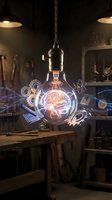 Steampunk pendant light with glowing filament bulb surrounded by floating gears and circuit board elements, suspended in industrial workshop setting with warm ambient lighting.