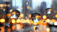 Raindrops on window glass create natural lens effect with blurred city lights, forming magical spherical reflections against evening bokeh background.