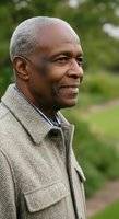 Senior African American man with short gray hair wearing a beige button-up shirt, smiling outdoors in a park setting with blurred green foliage background.