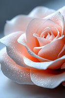 Delicate peach rose with morning dew drops on petals in soft focus macro photography, creating romantic and dreamy atmosphere for wedding and love themes.