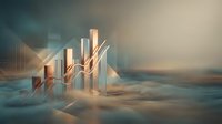 Financial growth chart with rising bars and arrow trending upward through soft clouds, representing business success and market analysis concepts.