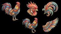 Colorful rooster clipart set with five elements isolated on transparent background, ready for t-shirt design, stickers, sublimation, and print on demand.