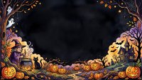 Spooky haunted house with glowing jack-o-lanterns, bare trees, flying bats, and ghosts on dark night sky. Halloween celebration border frame with pumpkins and autumn leaves.