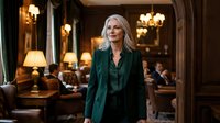 Confident mature Caucasian businesswoman in elegant green blazer standing in upscale restaurant or hotel lobby with warm lighting and classic interior design.