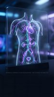 Holographic visualization of human lymphatic system with glowing purple and blue nodes and vessels displayed in transparent glass panel for medical education and healthcare technology concepts.