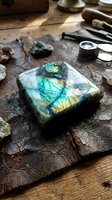 Polished labradorite gemstone with iridescent blue and green flash on rustic wooden workbench surrounded by lapidary tools and raw mineral specimens for jewelry making.