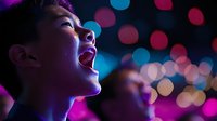 Young Asian man singing passionately with colorful bokeh lights creating vibrant nightclub atmosphere for entertainment and music industry concepts.