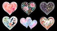 Watercolor floral hearts set with silver outlines, isolated on transparent background. Great for Valentine's cards, stickers, t-shirt design, sublimation, and print on demand.
