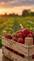 Fresh ripe strawberries in wooden crate at sunset farm field. Organic berry harvest agriculture concept for healthy eating and local produce marketing.