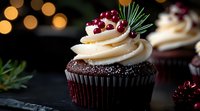 Chocolate cupcake topped with vanilla buttercream frosting, fresh cranberries and pine sprigs on dark background with festive bokeh lights, winter holiday dessert.