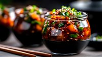 Asian glazed chicken in black ceramic bowl garnished with green onions and sesame seeds, served with chopsticks against dark background, food photography.