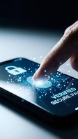 Finger touching smartphone screen with fingerprint scanner and security lock icon displaying verified secure password authentication technology.