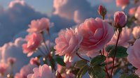 Soft pink roses blooming in golden sunset light with dramatic cloudy sky background creating romantic garden atmosphere for wedding and love themes.