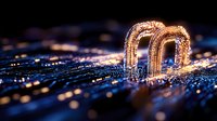 Glowing golden magnet on circuit board with digital connections and blue light effects, macro photography showing technology concept and magnetic field visualization.