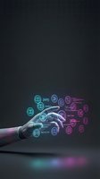 Futuristic robotic hand touching glowing digital interface icons with API, sync, and data flow symbols on dark tech background for automation concepts.