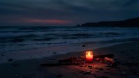 Glowing candle lantern on sandy beach at twilight with dramatic cloudy sky and ocean waves creating romantic atmospheric evening seascape for relaxation concepts.