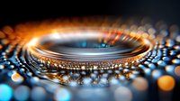Futuristic glowing ring with orange and blue bokeh lights creating dynamic circular pattern against dark background, abstract technology concept.