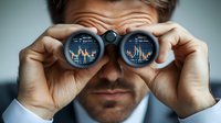 Businessman looking through binoculars with financial charts and stock market data reflected in lenses, showing market analysis and future trading predictions.