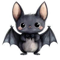 Cute cartoon bat character with big eyes, rosy cheeks, and bow tie on white background, perfect for children's illustrations and Halloween designs.