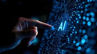 Finger touching glowing AI text on digital interface with blue circuit pattern and bokeh lights, representing artificial intelligence technology advancement.