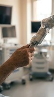 Senior male hand holding gimbal stabilizer with camera in medical clinic setting for video production and content creation.