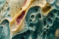 Abstract fluid art macro photography featuring organic cellular patterns in teal, yellow, and pink tones with intricate bubble formations and porous textures.