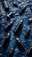 Dark glass dropper bottles floating on blue water surface, creating ripples and reflections for cosmetic or essential oil product photography.