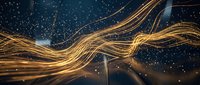 Golden flowing ribbons with sparkling particles against dark starry background creating elegant abstract motion for luxury design and celebration themes.