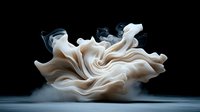 Ethereal white fabric floating in dark space with delicate smoke tendrils creating dynamic movement and flow, artistic abstract composition on black background.