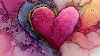 Abstract watercolor heart with pink and purple ink blots on textured paper background for romantic greeting cards and love-themed designs.