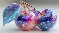 Glittery cosmic cherries with holographic sparkles and iridescent leaf on white background for modern design projects.