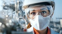 Female industrial worker wearing protective face mask, safety goggles and hard hat in manufacturing facility with blurred machinery background. Focus on eyes.