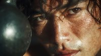 Young Caucasian male adventurer with wet curly hair holding glowing orb in dark atmospheric setting with dramatic lighting and mysterious ambiance.