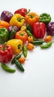 Colorful assortment of fresh bell peppers and hot chili peppers in red, yellow, orange, green, and purple varieties arranged on white background for culinary and food styling projects.