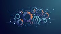 Digital cloud computing concept with interconnected gears and network nodes on gradient blue background for technology and automation presentations.