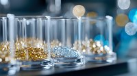 Glass laboratory test tubes containing golden and silver glitter particles on blurred bokeh background, scientific research concept for cosmetic industry.