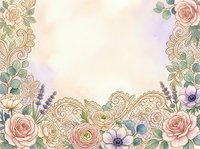 Vintage floral frame with ornate scrollwork, roses, lavender, and anemones on soft watercolor background. Wedding invitations, greeting cards, stationery design.