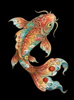Ornamental koi fish pair with intricate floral patterns, scales, and flowing fins in warm gold, red, and turquoise tones. Isolated on transparent background, ready for t-shirts, stickers, and print-on-demand designs.