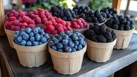 Fresh organic berries in wooden baskets at farmers market, including ripe blueberries, raspberries and blackberries arranged on rustic display shelf.