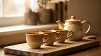 Ceramic tea set with teapot and cups on wooden tray in warm sunlight. Cozy kitchen interior with natural lighting for home decor and lifestyle concepts.