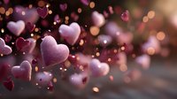 Romantic pink hearts floating with warm bokeh lights creating dreamy atmosphere for Valentine's Day, love celebrations, wedding invitations and romantic designs.