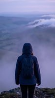Hiker with backpack standing on mountain peak overlooking misty valley and winding river at dawn, adventure travel and outdoor exploration concept.