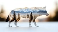Double exposure wolf silhouette with winter mountain landscape and forest trees creating artistic nature composition for wildlife and outdoor themes.