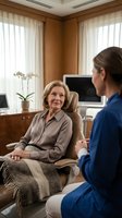 Senior Caucasian woman receiving care from female nurse in comfortable home setting. Healthcare consultation and elderly support services concept.